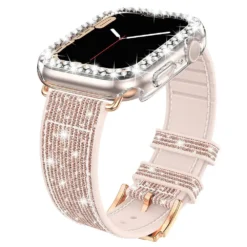 sparkly diamond silicone leather strap for apple watch 44/41/45 40/42mm band + bling case