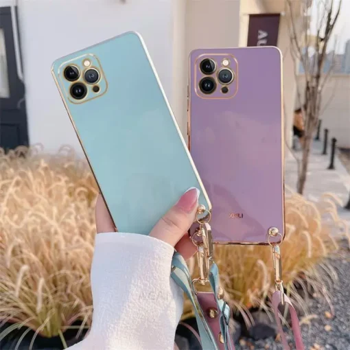 luxury crossbody fashion lanyard plated bumper case for iphone 14 13 12 pro max mini